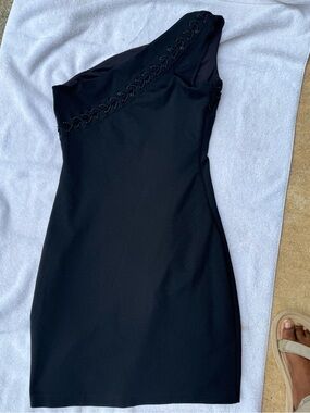 One-Shoulder Black Lace-Up Mini Dress